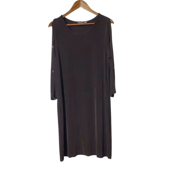 Chico's Travelers Acetate Slinky Dress Size 2 Large Brown Stretchy Open Sleeve - Picture 1 of 9